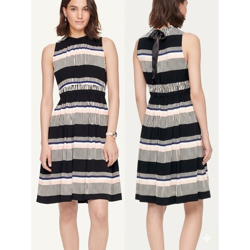 Kate Spade Bay Stripe Tie Back Dress Black Pink Sleeveless Midi OUMU0704 Size 2